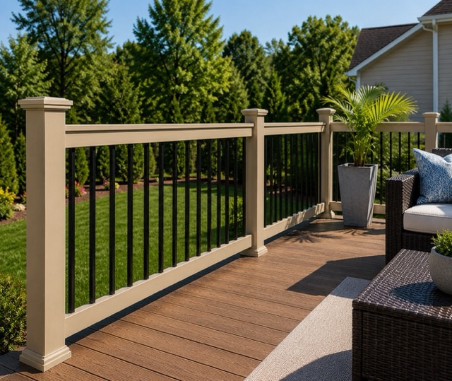 Adobe vinyl railing with black aluminum balusters