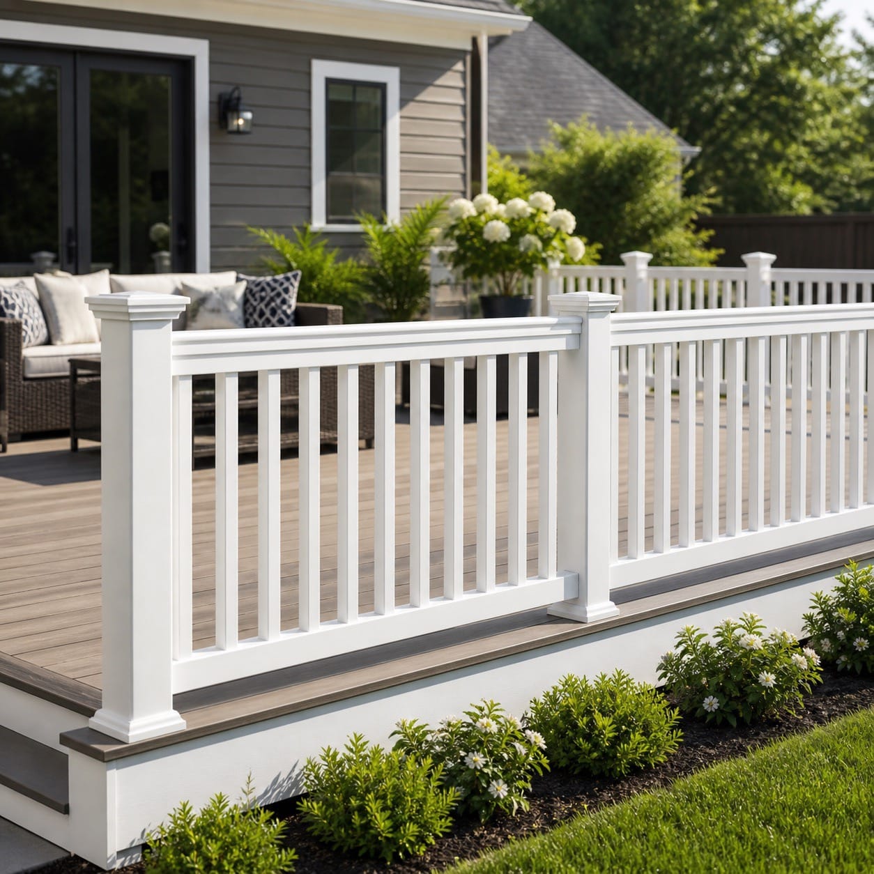 White vinyl picket railing on composite deck