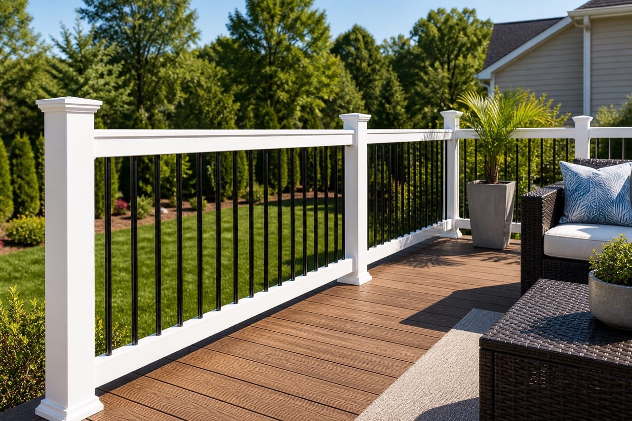 White vinyl deck railing with black balusters