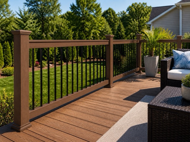 Mocha walnut vinyl railing with black aluminum balusters