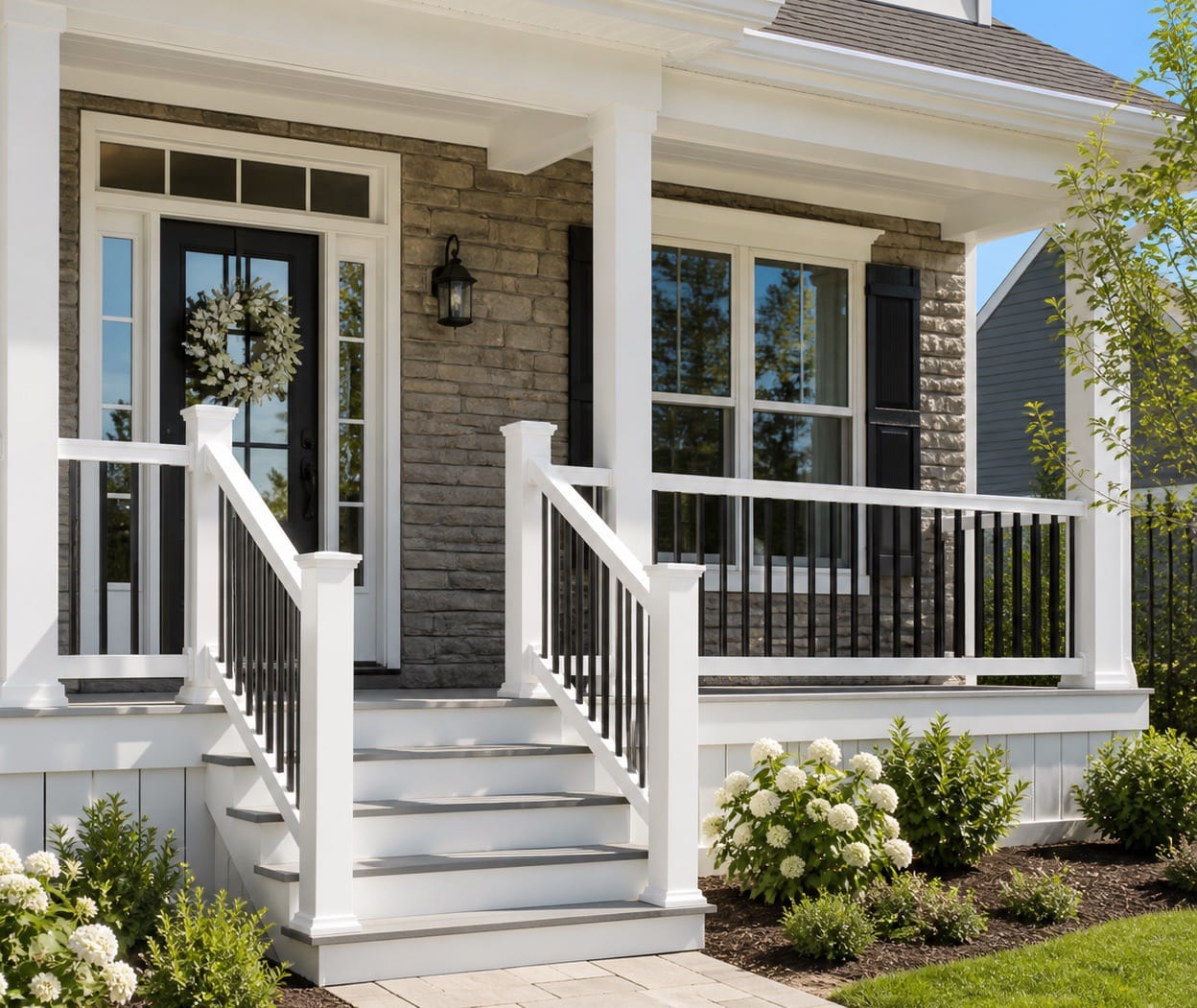 White vinyl railing post cap detail