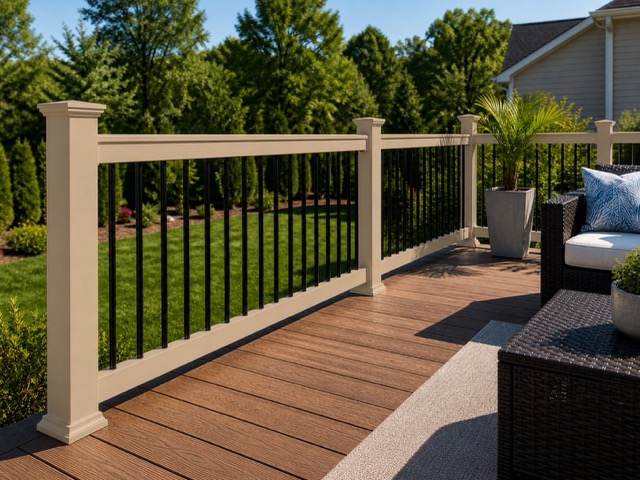 Tan vinyl railing with black aluminum balusters