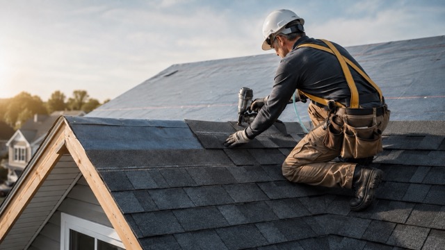 Roofing professional installing GAF Timberline HDZ architectural shingles