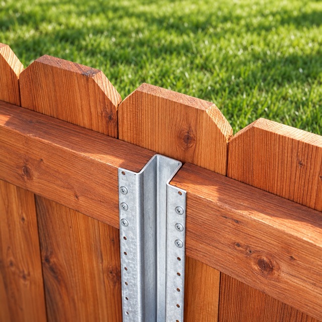Galvanized steel PostMaster fence post securing a wood privacy fence