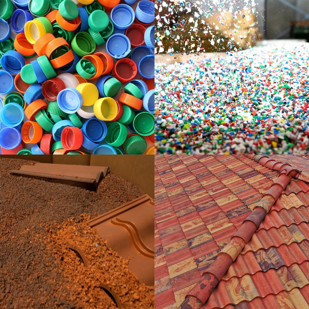 Recycled materials and synthetic roof tile production stages